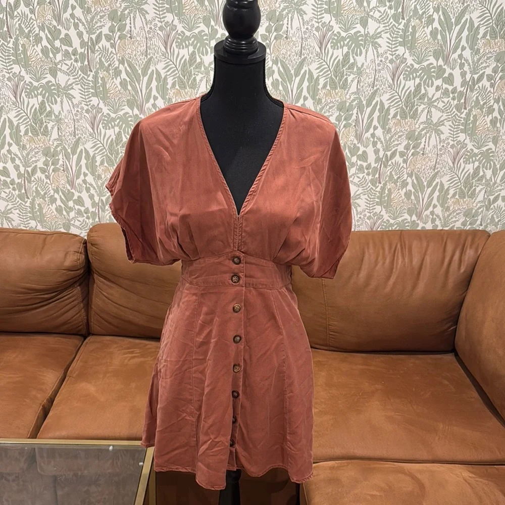 Quince Rust Button-Front Mini Dress Size Small | Fall Cottagecore Style - Picture 1 of 10
